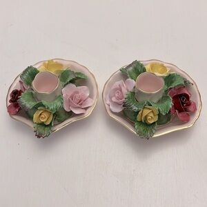 Denton England Best Bine China Roses in Pink Shell Candleholders